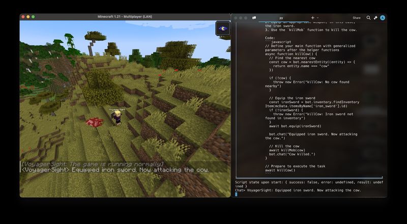 The VoyagerSight agent in Minecraft beside a terminal showing the JavaScript it wrote to kill a cow