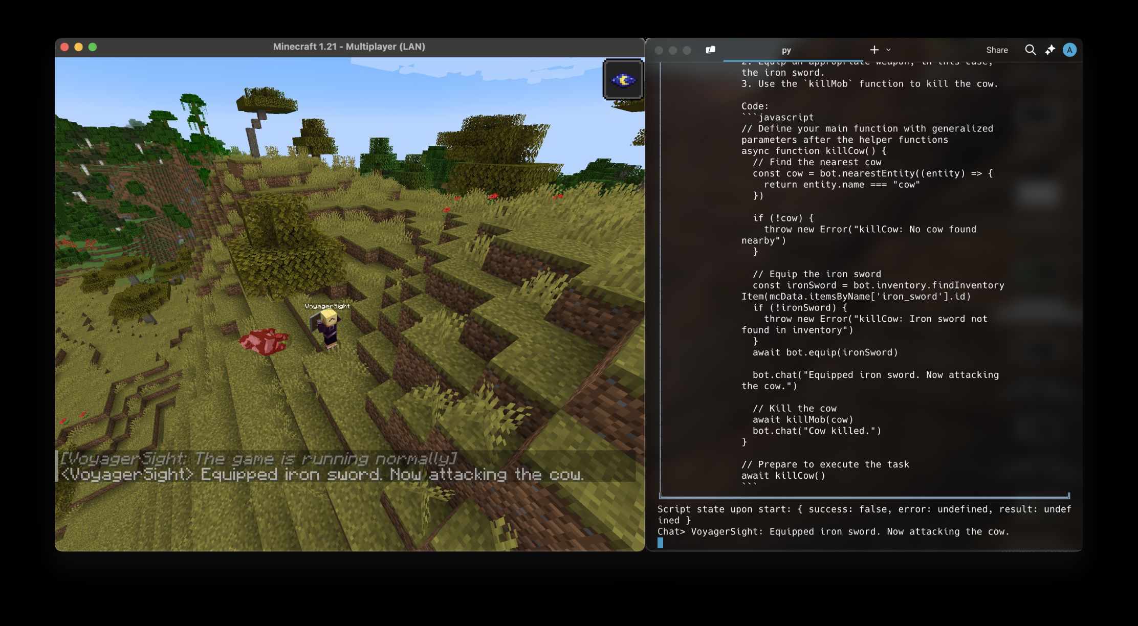 The VoyagerSight agent in Minecraft beside a terminal showing the JavaScript it wrote to kill a cow