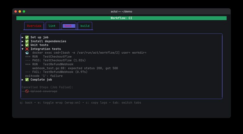 actui showing a failed CI job, with each step collapsed except the failing integration tests step