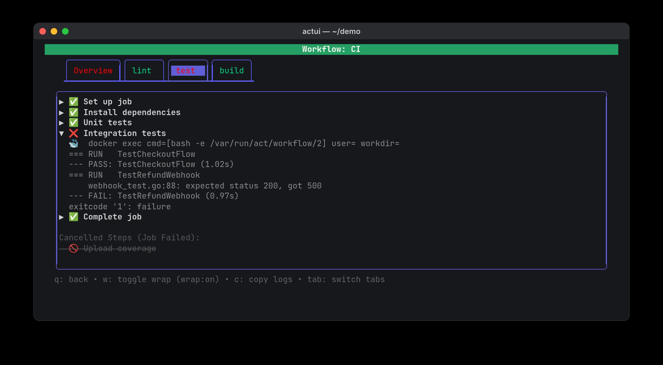 actui showing a failed CI job, with each step collapsed except the failing integration tests step