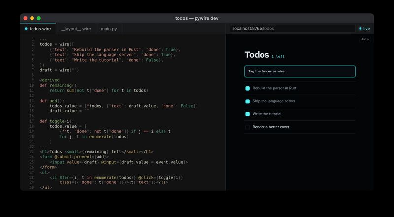 A todos.wire component in an editor beside the running pywire todo app