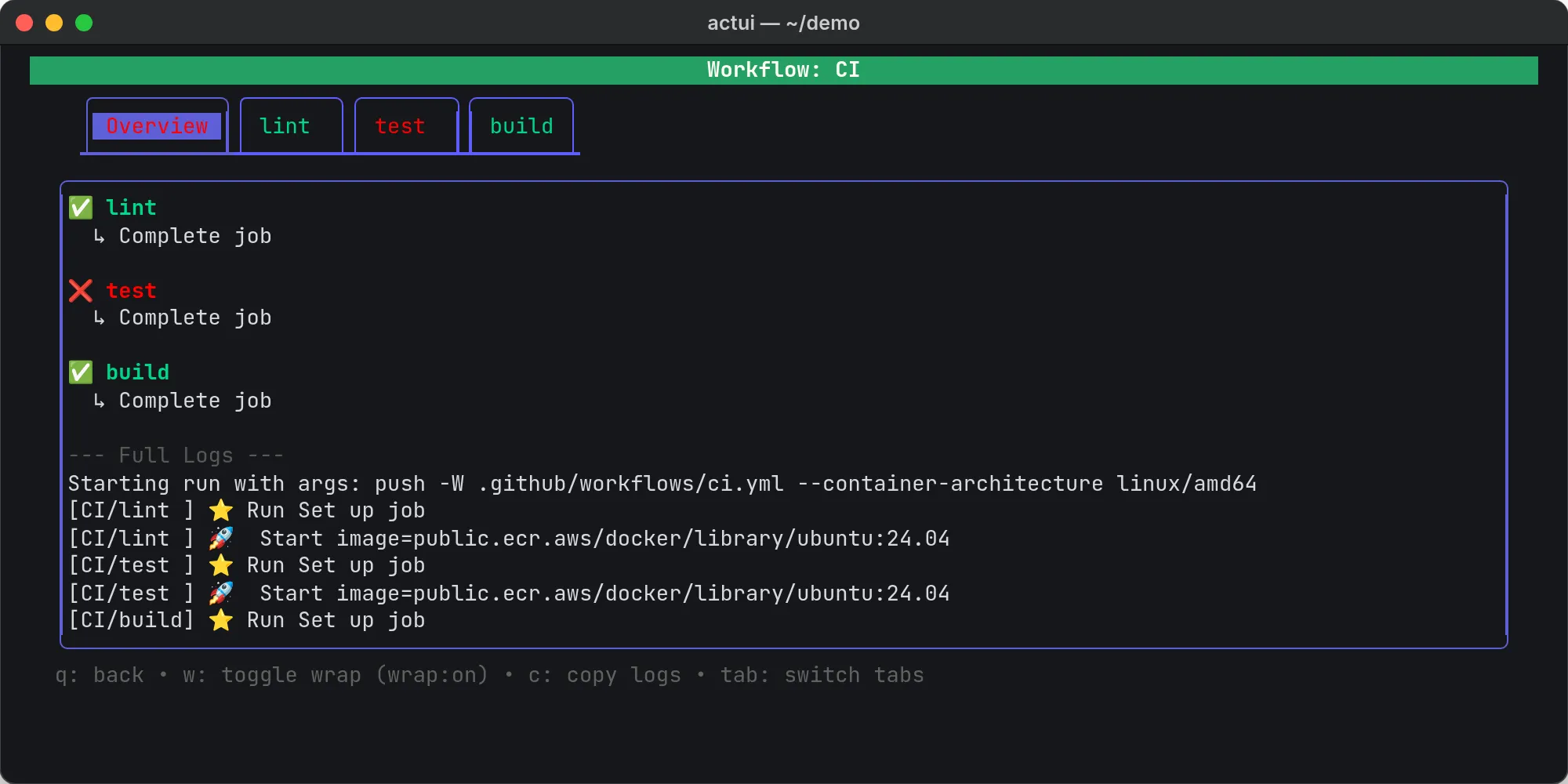 The Overview tab after the run: test failed, lint and build passed, followed by the full log