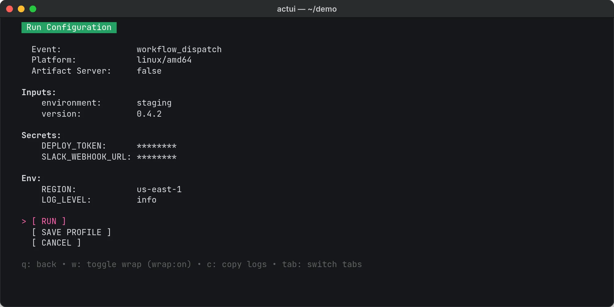 The run configuration for a Deploy workflow, with two inputs, two masked secrets, and two environment variables