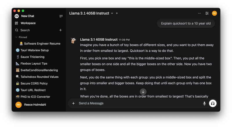 Open WebUI on the desktop, ongoing chat session and sidebar open