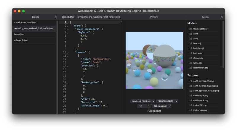 Scene editor, live preview, scenes list, and asset manager